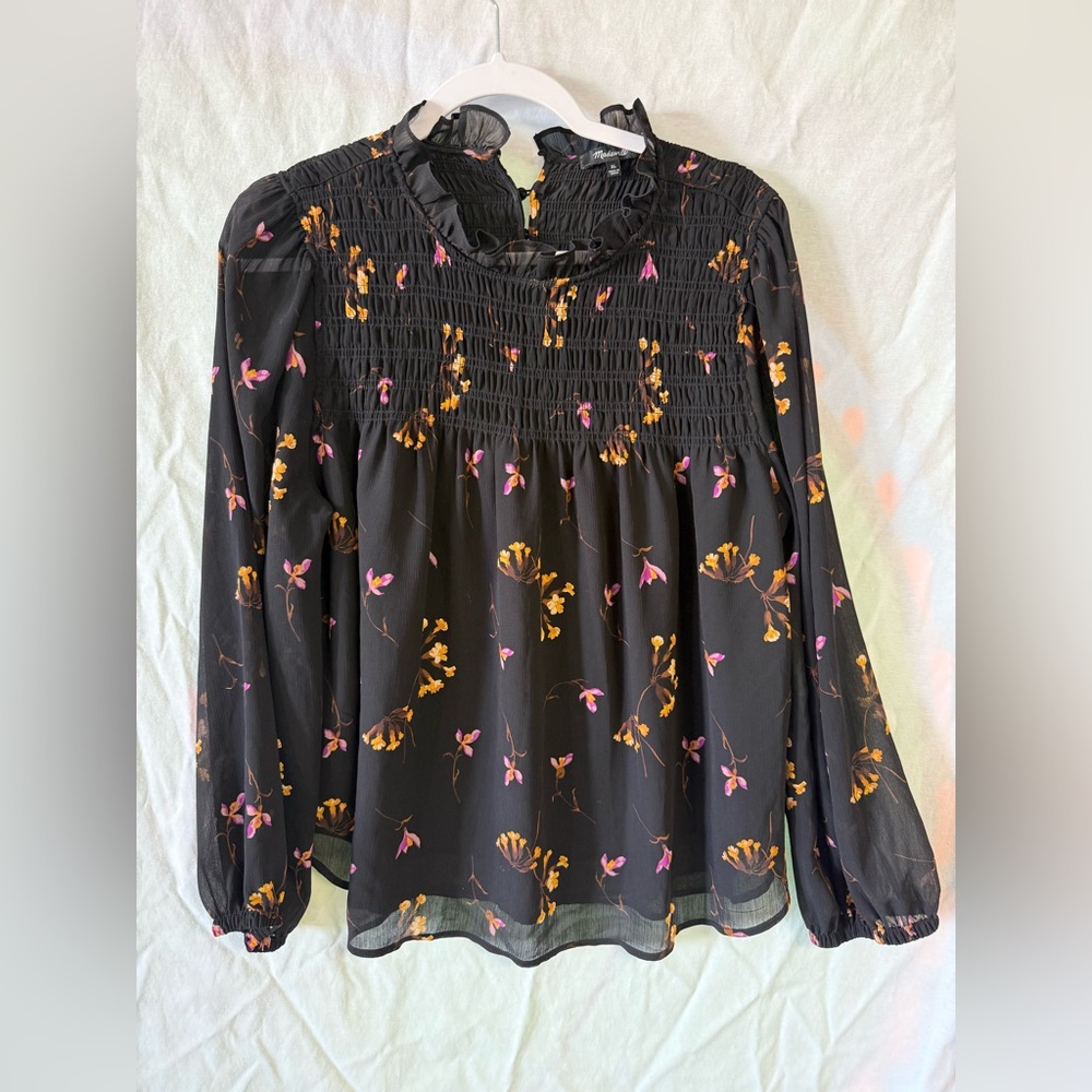Madewell Black Blouse with Pink and Yellow Floral Design